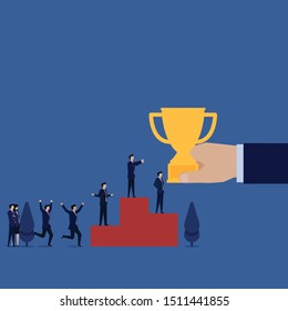 Business flat vector concept manager get trophy for successful on podium metaphor of teamwork. Illustration For Wallpaper, Banner, Background, Infographic, Book Illustration, And Web Landing Page.