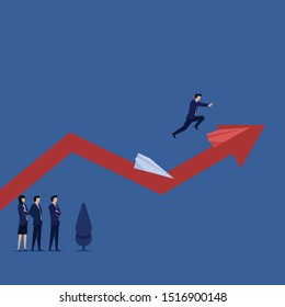 Business flat vector concept manager jump to another paper plane with chart background metaphor of taking risk for profit. Illustration For Wallpaper, Banner, Background, Infographic, Book.