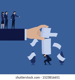 Business flat vector concept manager put more paper to businessman for work metaphor of overwork. Illustration For Wallpaper, Banner, Background, Infographic, Book, And Web Landing Page.