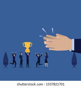 Business flat vector concept manager get trophy and hand clap metaphor of achievement. Illustration For Wallpaper, Banner, Background, Infographic, Book, And Web Landing Page.