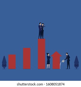 Business flat vector concept manager watching over growing bar chart metaphor of growth management. Illustration For Wallpaper, Banner, Background, Infographic, Book, And Web Landing Page.