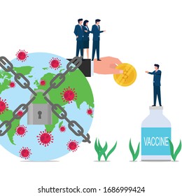 El gerente de concepto de vectores planos de empresa da moneda para la metáfora de la vacuna de la inversión en salud de la corona. Ilustración De Papel De Fondo, Banner, Fondo, Infografía, Libro Y Página De Aterrizaje Web.