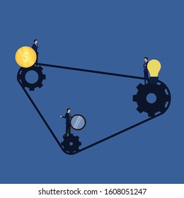 Business flat vector concept people stand above gear, idea and coin metaphor of management process. Illustration For Wallpaper, Banner, Background, Infographic, Book, And Web Landing Page.