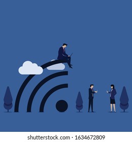 Business flat vector concept people use phone and laptop around wifi sign metaphor of internet connection. Illustration For Wallpaper, Banner, Background, Infographic, Book, And Web Landing Page.