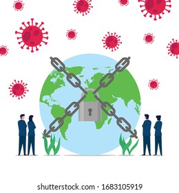 Business flat vector concept people chain the world from corona virus. Illustration For Wallpaper, Banner, Background, Infographic, Book, And Web Landing Page.