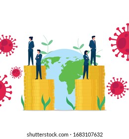 Business flat vector concept people standing on coins stack to save the world from corona virus. Illustration For Wallpaper, Banner, Background, Infographic, Book, And Web Landing Page.