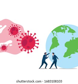 Business flat vector concept people push the world away from corona virus attack. Illustration For Wallpaper, Banner, Background, Infographic, Book, And Web Landing Page.
