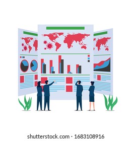 Concepto vectorial plano de negocio la gente ve el virus de la corona extendiendo el mundo en el informe en papel. Ilustración De Papel De Fondo, Banner, Fondo, Infografía, Libro Y Página De Aterrizaje Web.