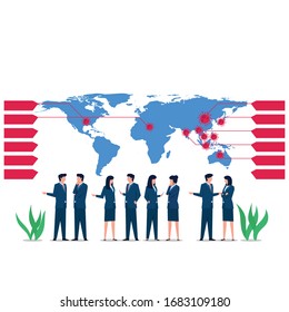 Business flat vector concept people discuss as see corona virus spreading on the world map. Illustration For Wallpaper, Banner, Background, Infographic, Book, And Web Landing Page.