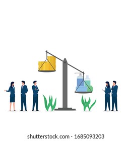 Business flat vector concept people discuss about masker and hand sanitizer more expensive than before corona virus. Illustration For Wallpaper, Banner, Background, Infographic, Book, And Web Page.