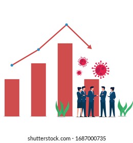 Business flat vector concept people meet as corona virus influence loss on stock and market. Illustration For Wallpaper, Banner, Background, Infographic, Book, And Web Landing Page.