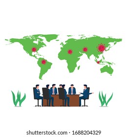 Business flat vector concept people meeting and discuss about corona pandemic. Illustration For Wallpaper, Banner, Background, Infographic, Book, And Web Landing Page.