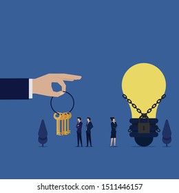 Business flat vector concept team choose the right key to open chained idea metaphor of creative. Illustration For Wallpaper, Banner, Background, Infographic, Book Illustration, And Web Landing Page.