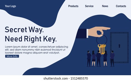 Business flat vector concept team see many keys beside metal door. Business landing page template.