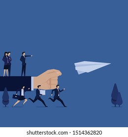 Business flat vector concept team run to paper plan metaphor of follow instruction. Illustration For Wallpaper, Banner, Background, Infographic, Book Illustration, And Web Landing Page.