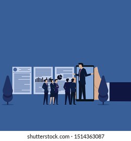 Business flat vector concept team ask about report on phone mobile. Illustration For Wallpaper, Banner, Background, Infographic, Book Illustration, And Web Landing Page.