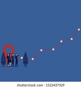 Business flat vector concept team sees chart going up aside location icon metaphor of success path. Illustration For Wallpaper, Banner, Background, Infographic, Book, And Web Landing Page.