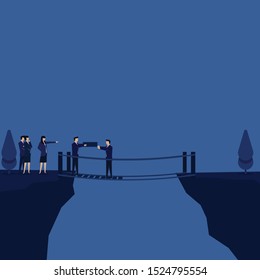 Business flat vector concept team fix the bridge together metaphor of teamwork. Illustration For Wallpaper, Banner, Background, Infographic, Book, And Web Landing Page.