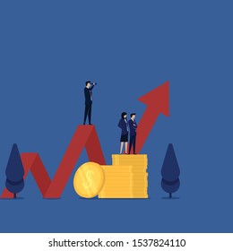 Business flat vector concept team stand and see straight forward above coin and chart up metaphor of vision and profit. Illustration For Wallpaper, Banner, Background, Infographic, Book, And Web.