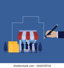 Business flat vector concept team stand in front of store and hand draw bigger metaphor of development. Illustration For Wallpaper, Banner, Background, Infographic, Book, And Web Landing Page.