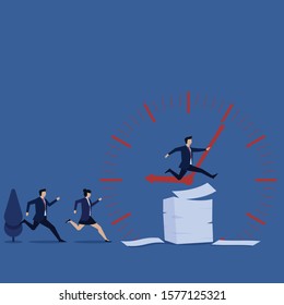 Business flat vector concept team run and jump above papers and clock behind metaphor of work time. Illustration For Wallpaper, Banner, Background, Infographic, Book, And Web Landing Page.