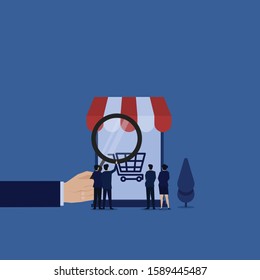 Business flat vector concept team check cart on phone with magnify metaphor of market research. Illustration For Wallpaper, Banner, Background, Infographic, Book, And Web Landing Page.