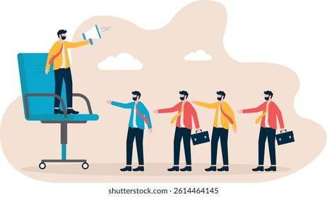 Business flat vector concept team argue with manager above big chair metaphor of big responsibility. Illustration For Wallpaper, Banner, Background, Infographic, Book, And Web Landing Page.

