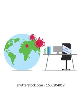 Business flat vector concept world at corona pandemic and people work from home. Illustration For Wallpaper, Banner, Background, Infographic, Book, And Web Landing Page.