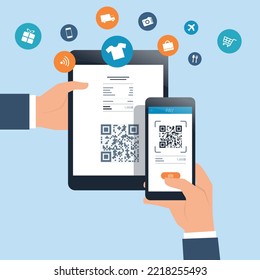 business flat vector design online payment by mobile scan QR code concept. hand hold smartphone to scan for online pay.

