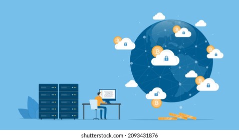 Business Flat vector design technology cloud mining network connection server concept. Business team people working. Illustration cartoon character design