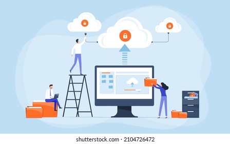 Business Flat vector design technology file upload backup on cloud server storage concept. team administrator and developer working with computer monitor. Illustration cartoon character design