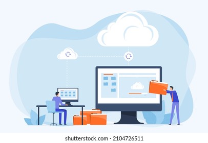 Tecnología de diseño vectorial plana de negocio: copia de seguridad de carga de archivos en el concepto de almacenamiento de servidores en la nube. administrador de equipo y desarrollador que trabaja con el monitor de equipo. Diseño de personajes de dibujos animados ilustrativos