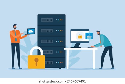 Business flat vector design technology data center and cloud computing server storage service with administrator and developer team working with cloud connect concept