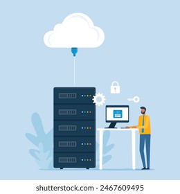 Business flat vector design technology data center and cloud computing server storage service with administrator and developer team working with cloud connect concept