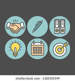 Business flat vector icons set. Calendar, light bulb, pen, folders, target, handshake, partners flat vector icons