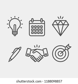 Business flat vector icons set. Calendar, light bulb, pen, diamond, target, handshake, partners flat vector icons