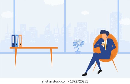 Business flat vector illustration. Businessman cartoon characters drinking a coffee in office relax