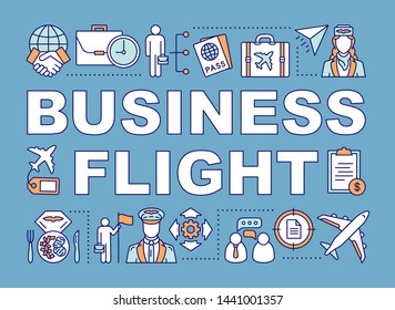 Business flight  word concepts banner. Airline travel class seating. Aviation service. Presentation, website. Isolated lettering typography idea with linear icons. Vector outline illustration