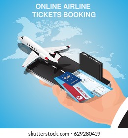 Business flights conception. Airline tickets online. Buying or booking Airline tickets. Travel, business flights worldwide. Online app for tickets order. Internation flights.