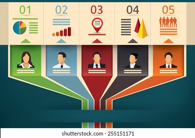 Business flow chart vector infographic template showing team members or management with designated fields of expertise cooperating and working in unity to an outgoing arrow