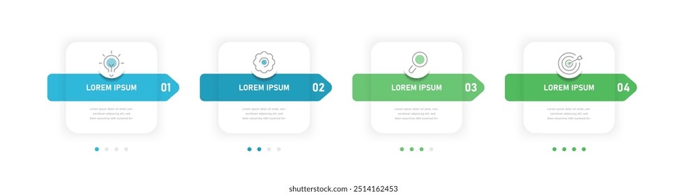 Um fluxograma comercial que consiste em quadrados. Infográficos para apresentação, reflexão de processos, etapas e o surgimento de ideias