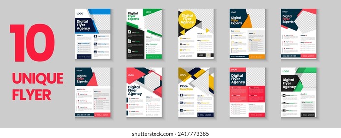 Colección de folletos comerciales, póster corporativo, paquete de volantes, diseño de folletos de volante, informe anual, propuesta, folleto, perfil de la empresa, afiche de marketing digital y diseño a4 con maqueta