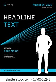 Business flyer design blue template with man silhouette on black background. Vertical educational poster, webinar, online learning, webinar, conference, seminar