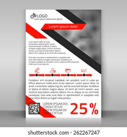 Business flyer design, brochure cover template. Design with infographics timeline made from arrows and icons. Layout with red and gray elements (along the diagonals), contains space for a photo. 