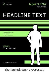 Business flyer design green template with man silhouette on black background. Vertical educational poster, webinar, online learning, webinar, conference, seminar