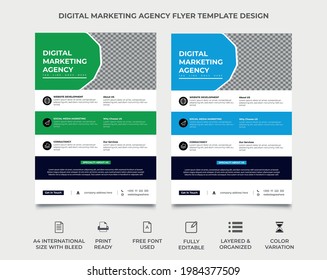 business flyer design with minimal shape, two color scheme, green and blue color used. brochure cover in a4 size, an image can use in template, vector eps 10, modern marketing flyer design template