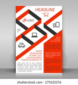 Business flyer design, poster template. Vector layout with orange diagonal elements and icons (market basket, laptop, phone and tablet, chekbox, printer). Sectors with icons can be used for photos.