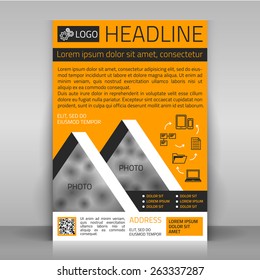Business flyer. Design with scheme made from arrows and icons. Layout with yellow and gray elements and space for a photo.