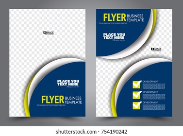 Business flyer design template. Abstract vector background. A4 brochure concept. Blue and yellow color.