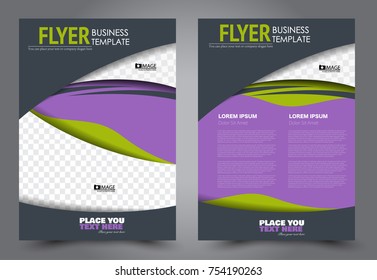 Business flyer design template. Abstract vector background. A4 brochure concept. Purple and green color.